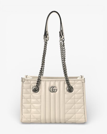 Gucci Calfskin Matelasse Aria Small GG Marmont Shoulder Tote Mystic White