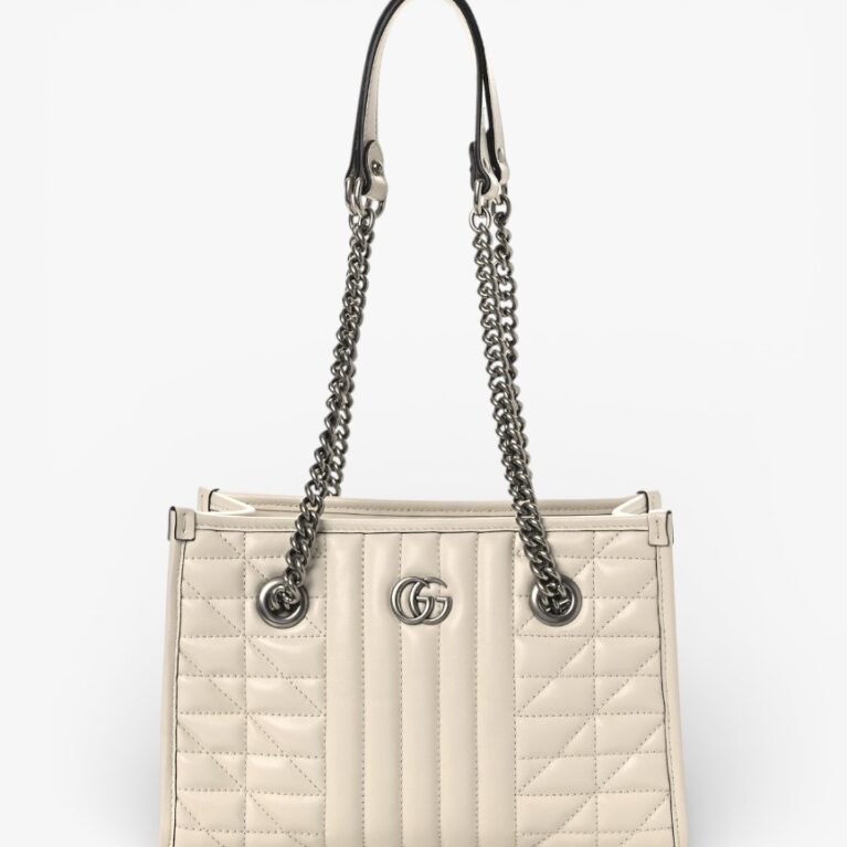 Gucci Calfskin Matelasse Aria Small GG Marmont Shoulder Tote Mystic White